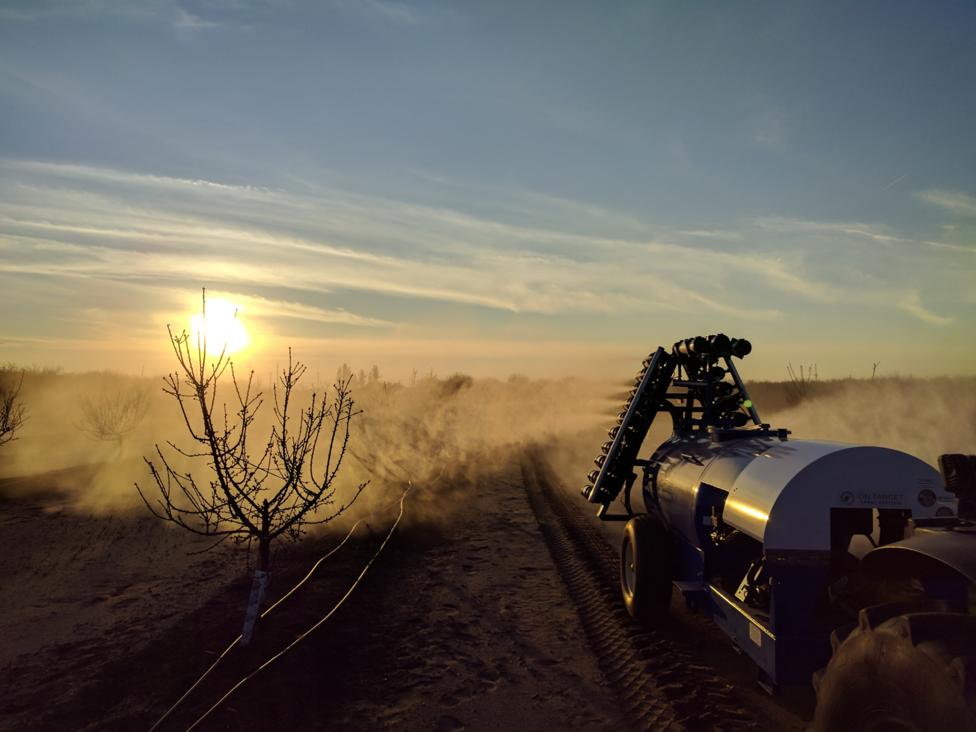 OnTarget tower sprayer applying through a nut orchard at sunset
